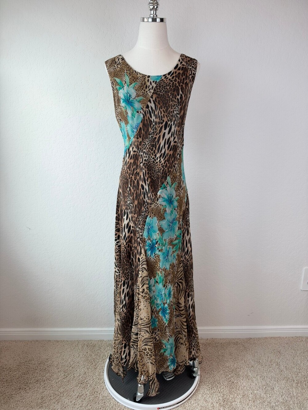 Vintage Y2K Animal Print Teal Floral Sleeveless Maxi Dress Whimsigoth Beaded 24W